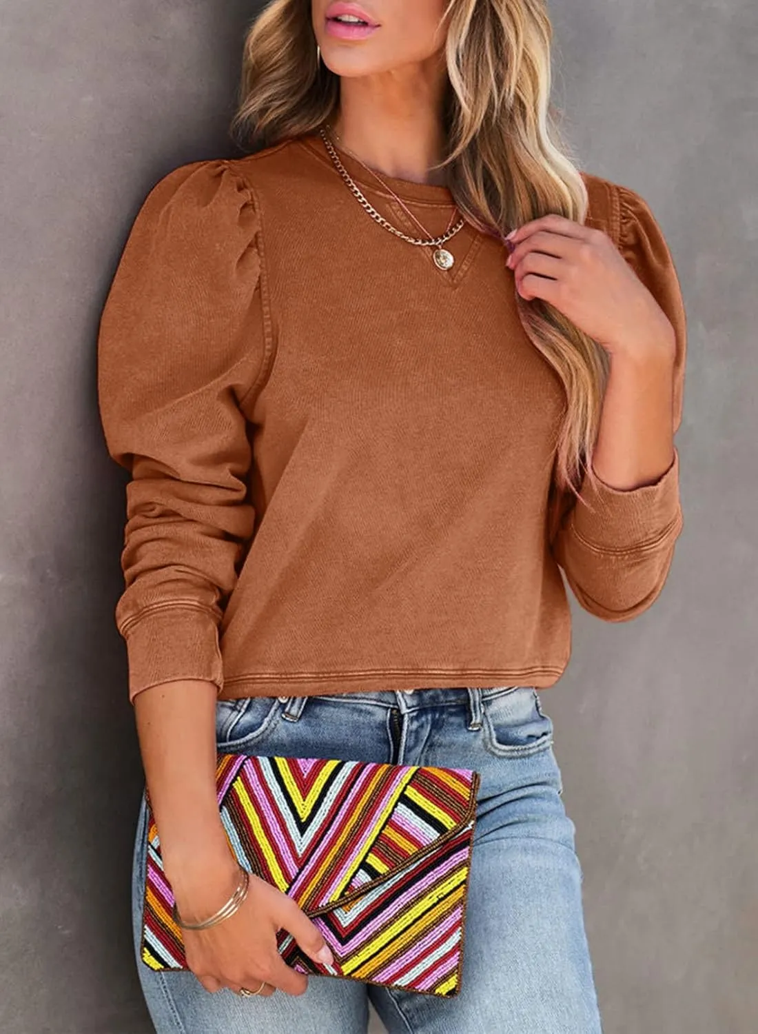Dokotoo Womens Casual Cropped Sweatshirts Puff Sleeve Crop Pullover Crewneck Cute Tops