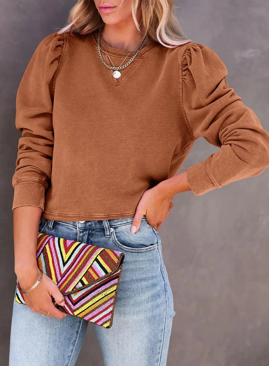 Dokotoo Womens Casual Cropped Sweatshirts Puff Sleeve Crop Pullover Crewneck Cute Tops
