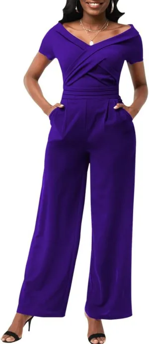 Dressy Jumpsuits for Women Elegant Sexy V-Neck Rompers Formal Evening Party Wide Leg Pant Suits