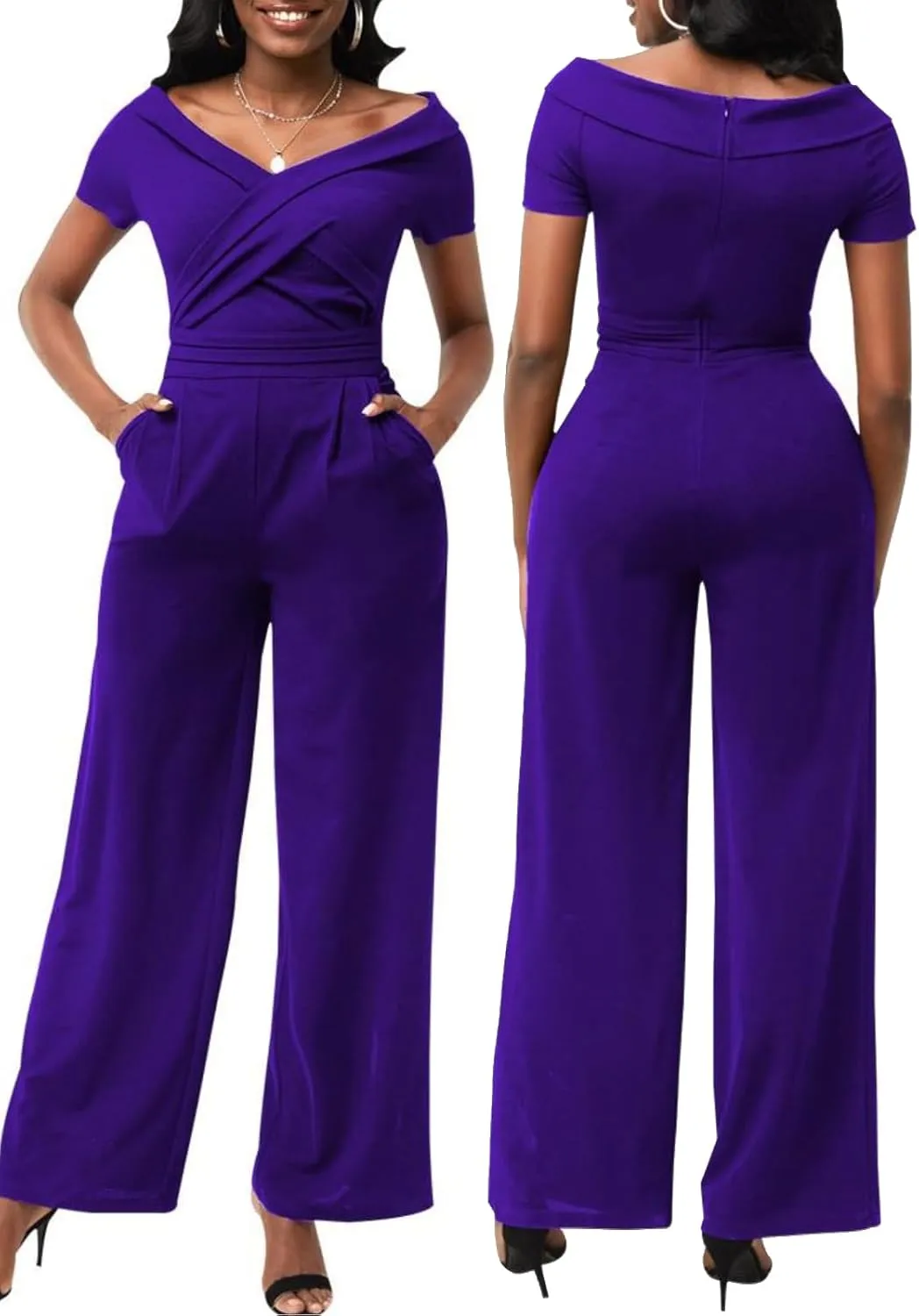 Dressy Jumpsuits for Women Elegant Sexy V-Neck Rompers Formal Evening Party Wide Leg Pant Suits