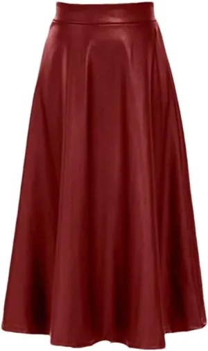 Dvbfufv Women PU Leather Midi Skirt Spring Summer Elegant Office Solid Skirt Lady Casual High Waist Zipper Pleated Skirt