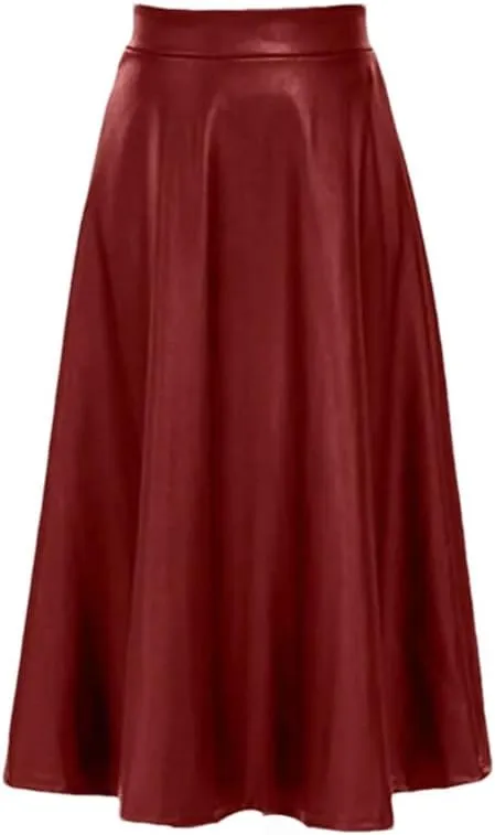 Dvbfufv Women PU Leather Midi Skirt Spring Summer Elegant Office Solid Skirt Lady Casual High Waist Zipper Pleated Skirt