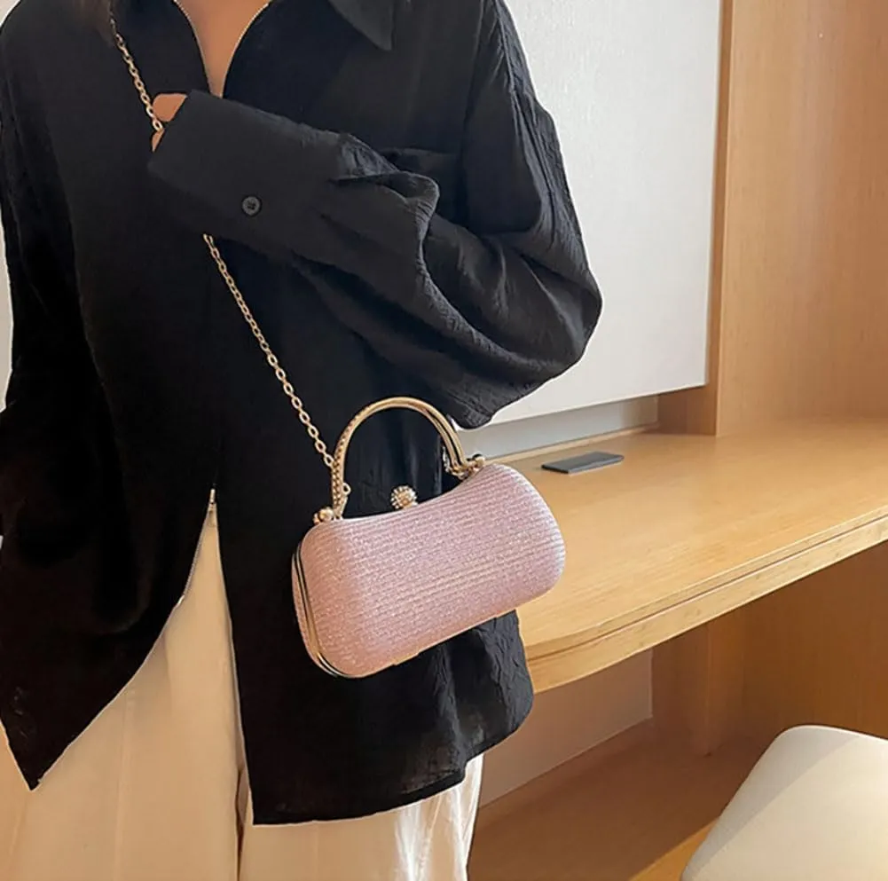 Elegant Evening Clutch Purse with Rhinestone Handle, Gold Chain Strap, 7.8 x 3.9 x 3.1 inches