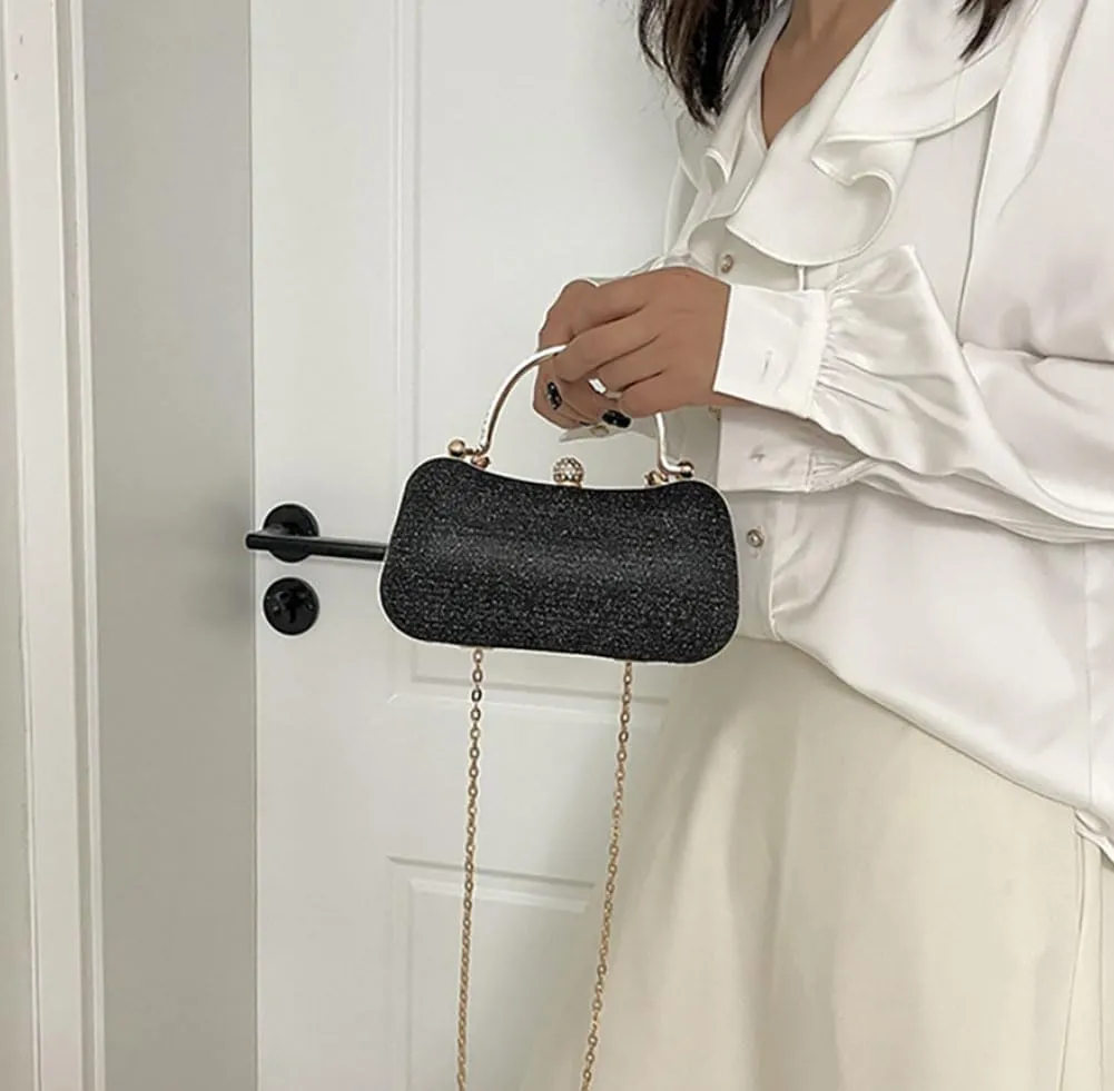 Elegant Evening Clutch Purse with Rhinestone Handle, Gold Chain Strap, 7.8 x 3.9 x 3.1 inches