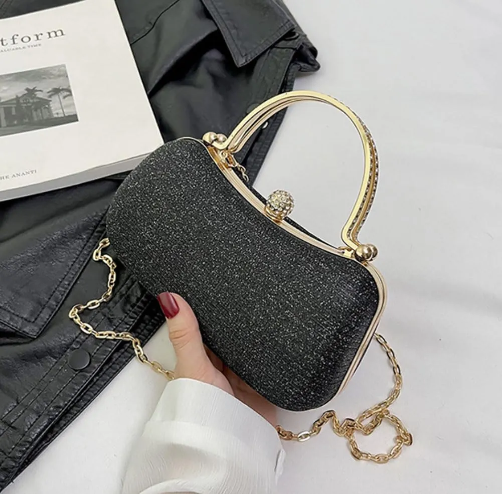 Elegant Evening Clutch Purse with Rhinestone Handle, Gold Chain Strap, 7.8 x 3.9 x 3.1 inches