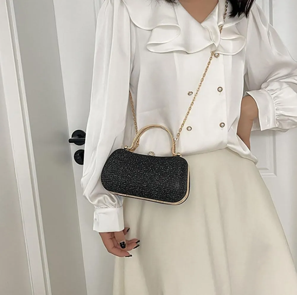Elegant Evening Clutch Purse with Rhinestone Handle, Gold Chain Strap, 7.8 x 3.9 x 3.1 inches