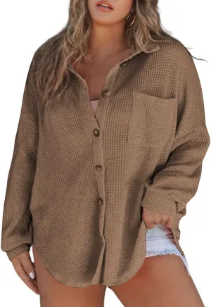 Eytino Womens Plus Size Boyfriend Shirts Casual Long Sleeve Button Down Oversized Waffle Knit Shacket Jacket(1X-5X)