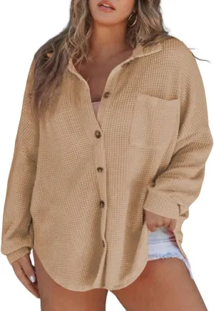 Eytino Womens Plus Size Boyfriend Shirts Casual Long Sleeve Button Down Oversized Waffle Knit Shacket Jacket(1X-5X)