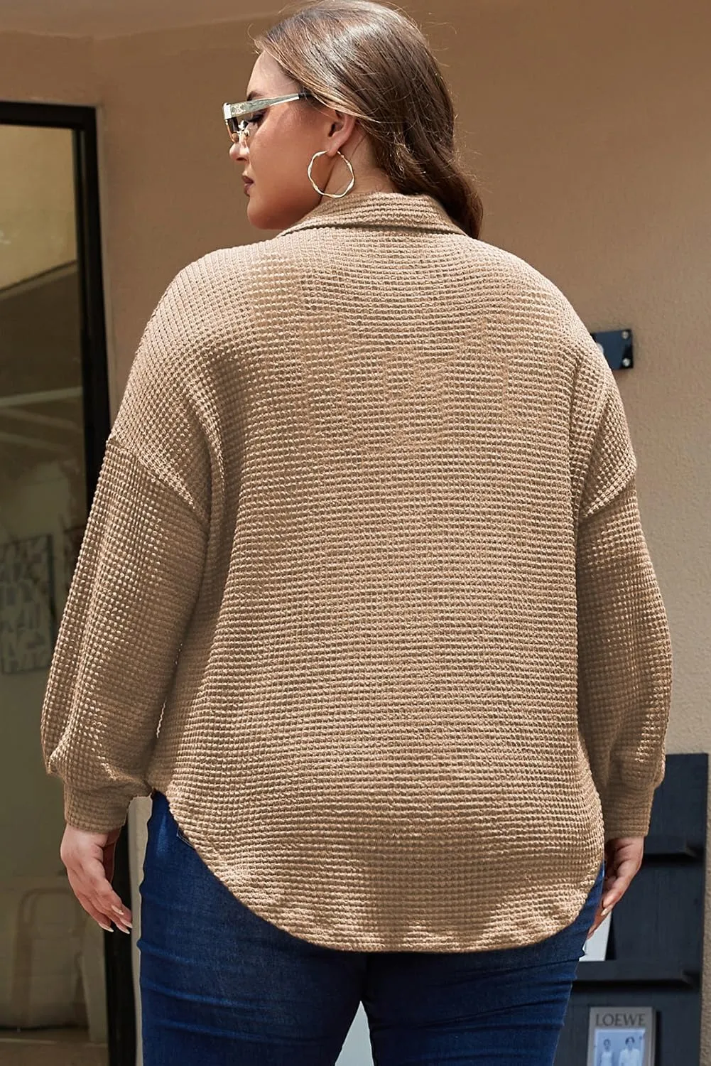 Eytino Womens Plus Size Boyfriend Shirts Casual Long Sleeve Button Down Oversized Waffle Knit Shacket Jacket(1X-5X)