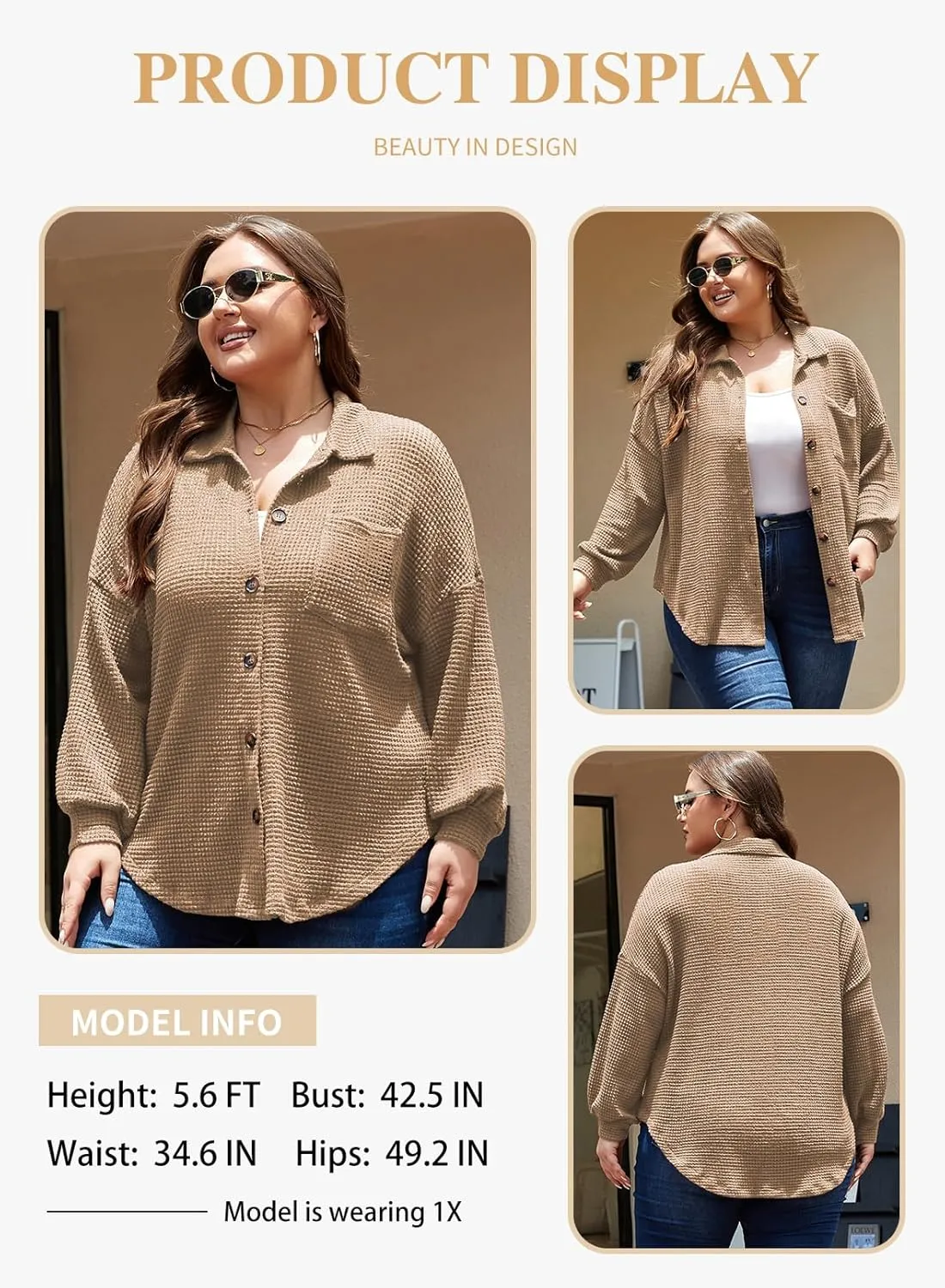 Eytino Womens Plus Size Boyfriend Shirts Casual Long Sleeve Button Down Oversized Waffle Knit Shacket Jacket(1X-5X)