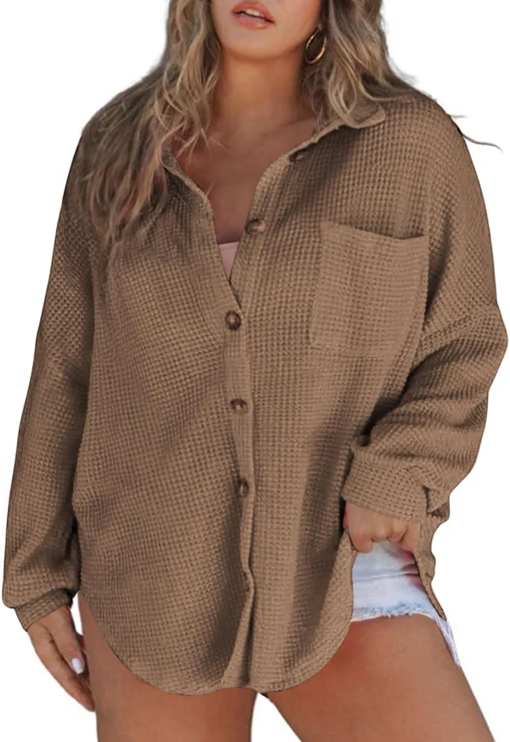 Eytino Womens Plus Size Boyfriend Shirts Casual Long Sleeve Button Down Oversized Waffle Knit Shacket Jacket(1X-5X)