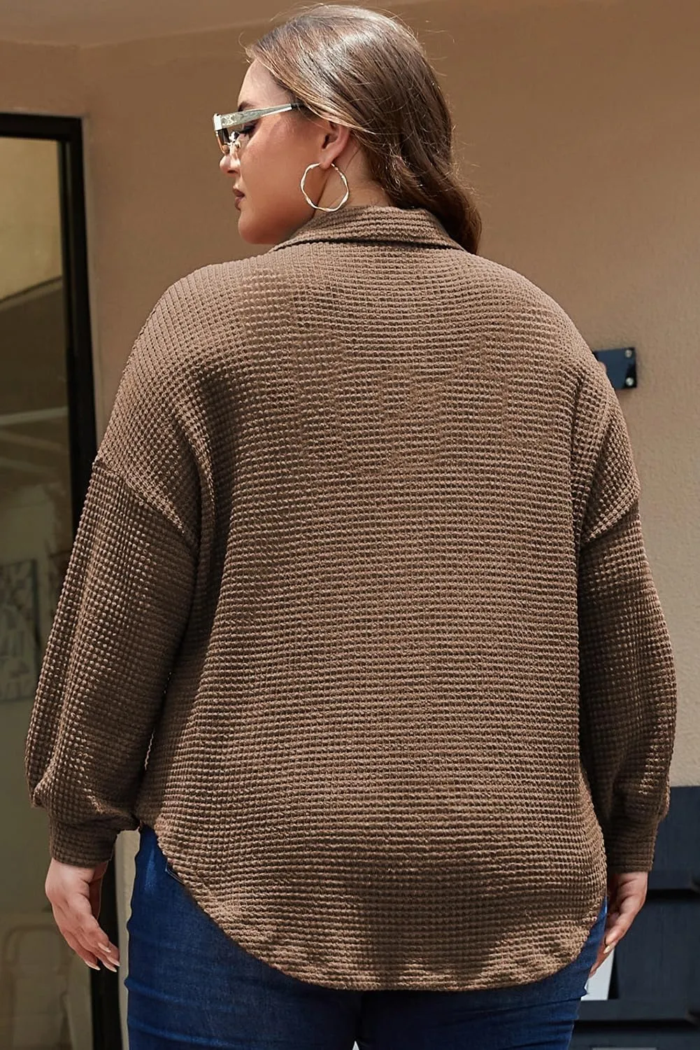 Eytino Womens Plus Size Boyfriend Shirts Casual Long Sleeve Button Down Oversized Waffle Knit Shacket Jacket(1X-5X)