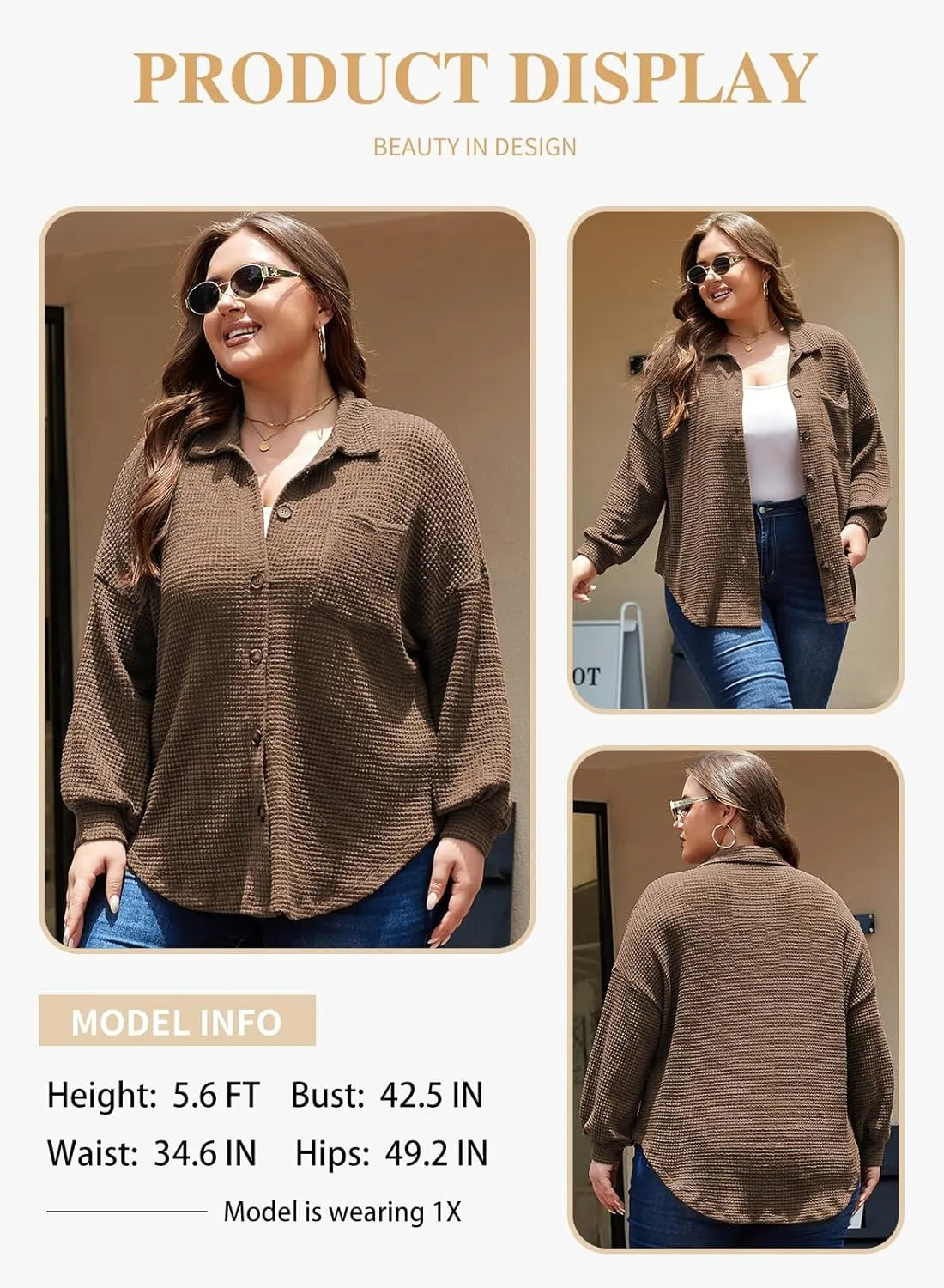 Eytino Womens Plus Size Boyfriend Shirts Casual Long Sleeve Button Down Oversized Waffle Knit Shacket Jacket(1X-5X)