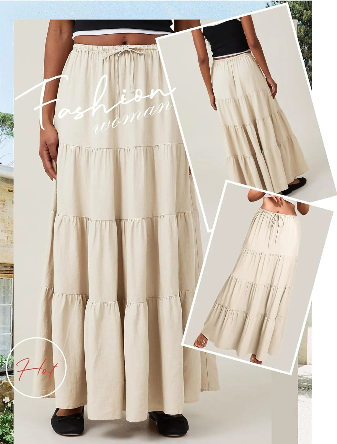 Ezcosplay Women Ruffle Tiered Cotton Maxi Skirt Drawstring Elastic High Waisted Pleated A Line Swing Long Skirts