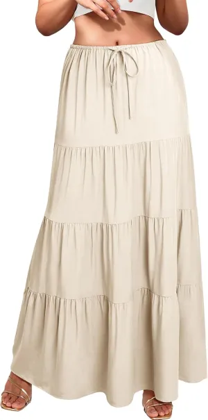 Ezcosplay Women Ruffle Tiered Cotton Maxi Skirt Drawstring Elastic High Waisted Pleated A Line Swing Long Skirts