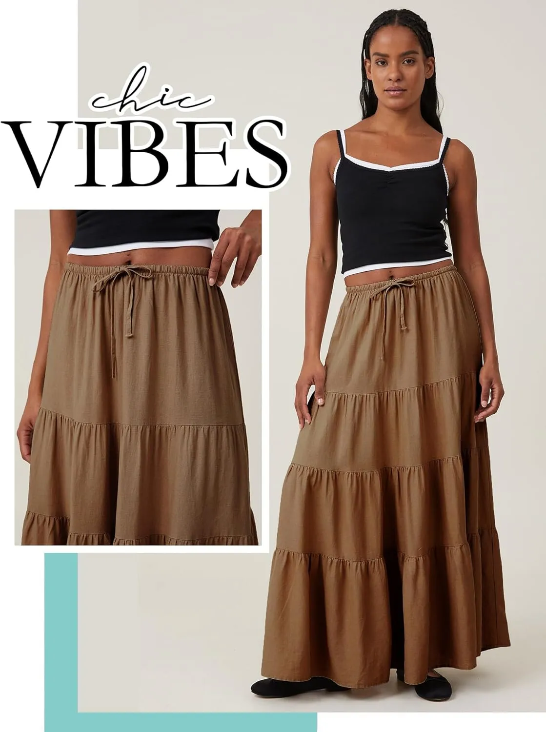 Ezcosplay Women Ruffle Tiered Cotton Maxi Skirt Drawstring Elastic High Waisted Pleated A Line Swing Long Skirts