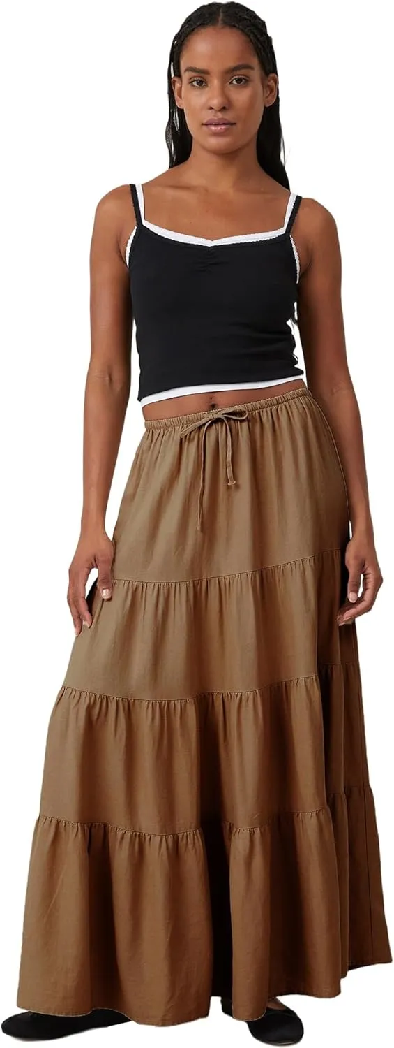Ezcosplay Women Ruffle Tiered Cotton Maxi Skirt Drawstring Elastic High Waisted Pleated A Line Swing Long Skirts