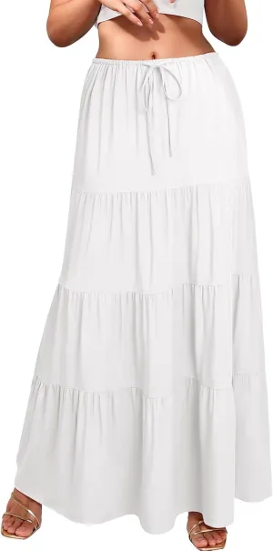 Ezcosplay Women Ruffle Tiered Cotton Maxi Skirt Drawstring Elastic High Waisted Pleated A Line Swing Long Skirts