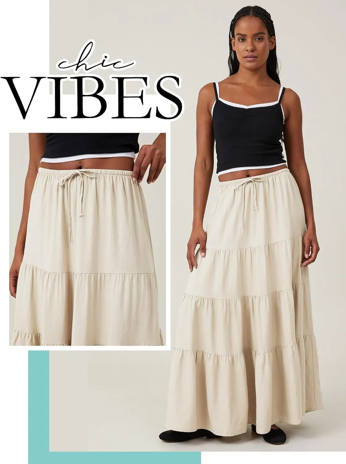 Ezcosplay Women Ruffle Tiered Cotton Maxi Skirt Drawstring Elastic High Waisted Pleated A Line Swing Long Skirts
