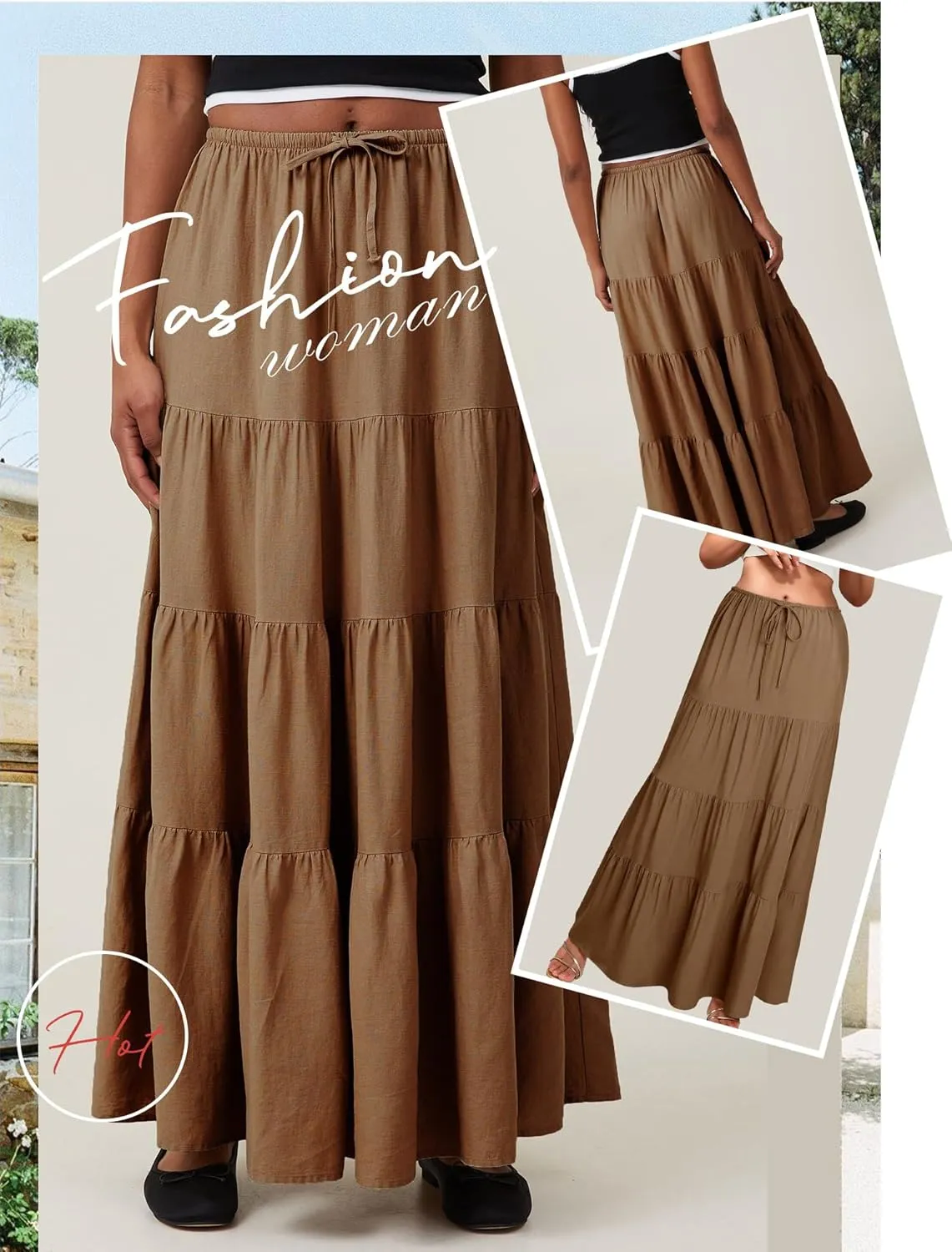 Ezcosplay Women Ruffle Tiered Cotton Maxi Skirt Drawstring Elastic High Waisted Pleated A Line Swing Long Skirts