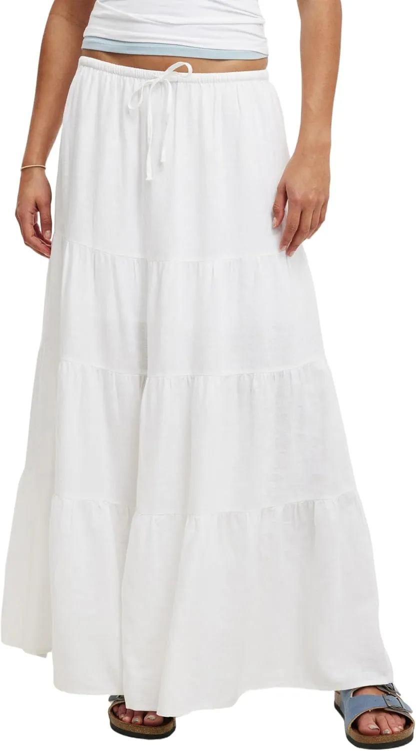 Ezcosplay Women Ruffle Tiered Cotton Maxi Skirt Drawstring Elastic High Waisted Pleated A Line Swing Long Skirts