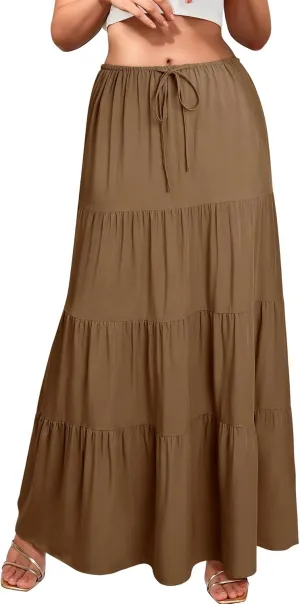 Ezcosplay Women Ruffle Tiered Cotton Maxi Skirt Drawstring Elastic High Waisted Pleated A Line Swing Long Skirts