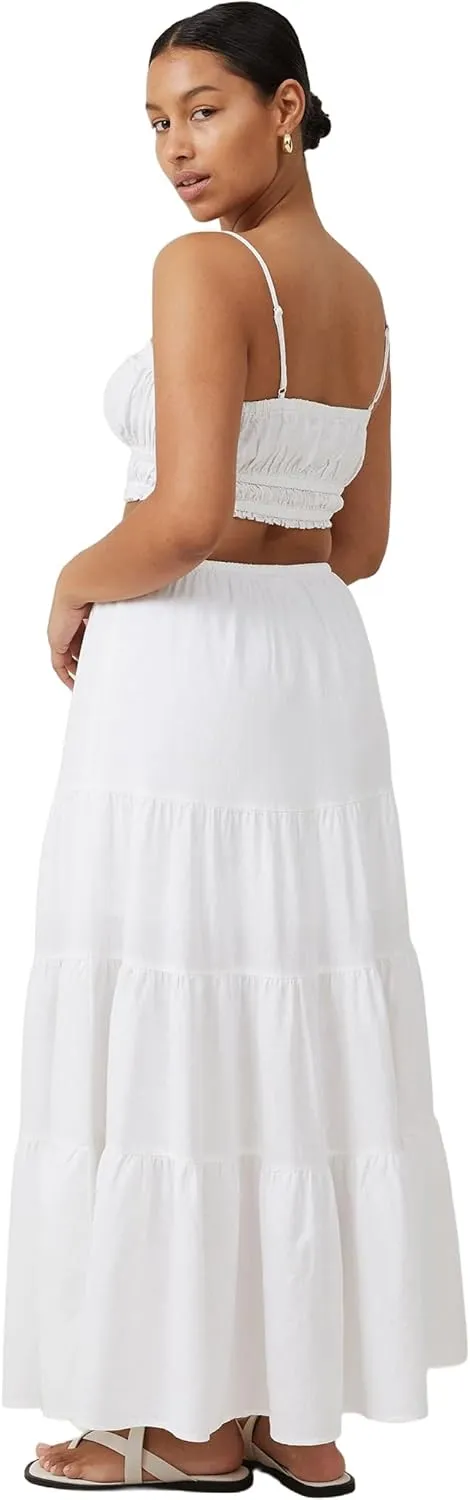 Ezcosplay Women Ruffle Tiered Cotton Maxi Skirt Drawstring Elastic High Waisted Pleated A Line Swing Long Skirts