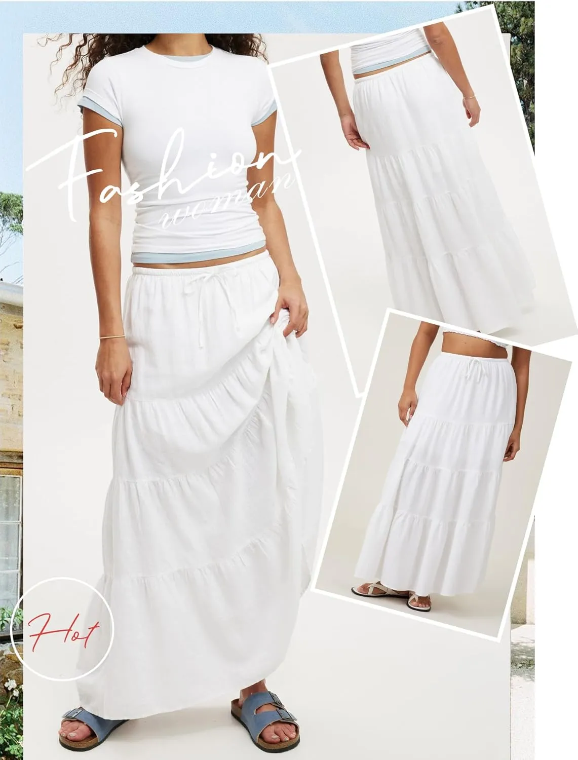 Ezcosplay Women Ruffle Tiered Cotton Maxi Skirt Drawstring Elastic High Waisted Pleated A Line Swing Long Skirts