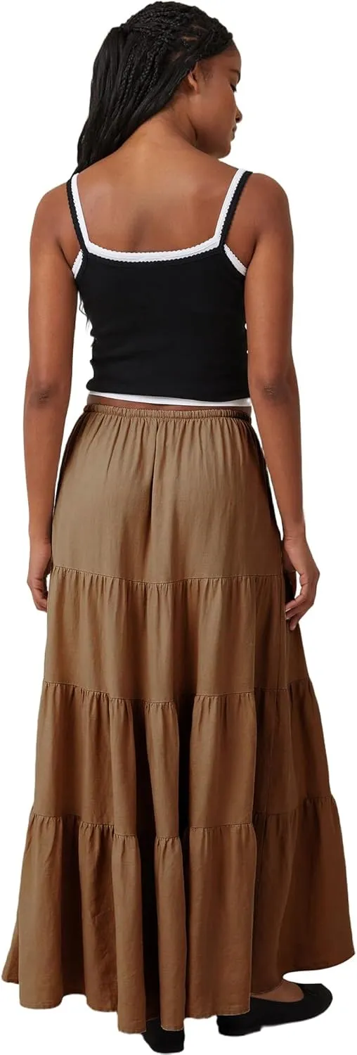 Ezcosplay Women Ruffle Tiered Cotton Maxi Skirt Drawstring Elastic High Waisted Pleated A Line Swing Long Skirts