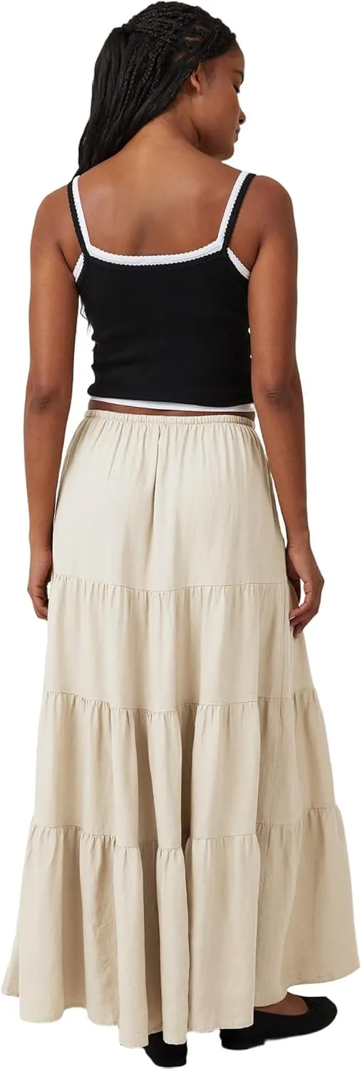 Ezcosplay Women Ruffle Tiered Cotton Maxi Skirt Drawstring Elastic High Waisted Pleated A Line Swing Long Skirts