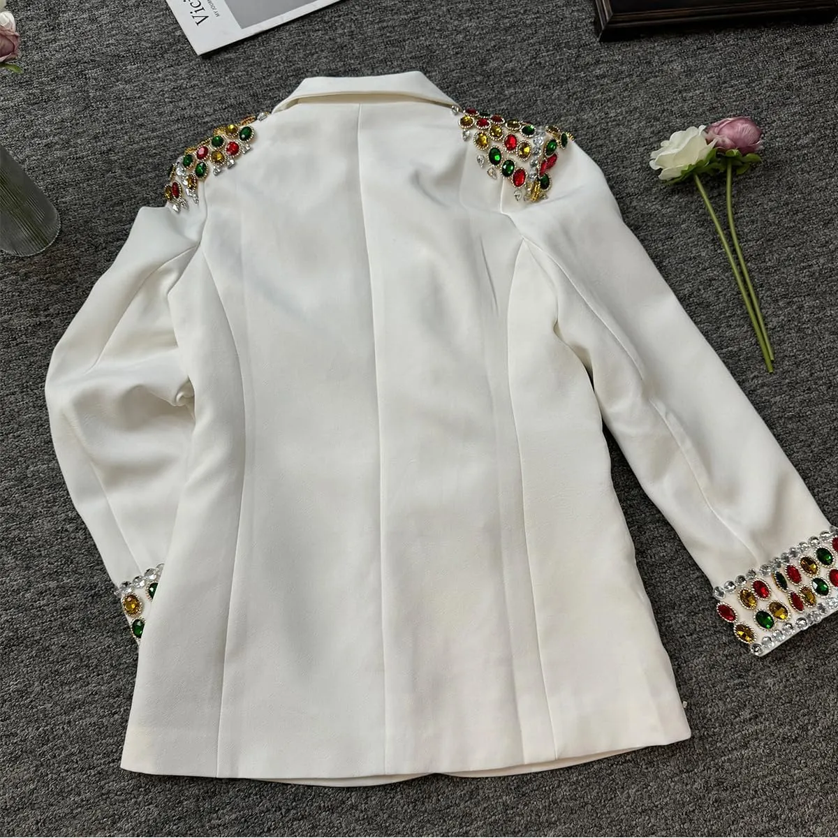 Fashion Women's Blazer Double-Breasted Crystal Nail Embellishments Evening Long Suit Jacket