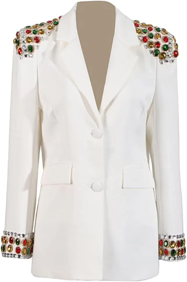 Fashion Women's Blazer Double-Breasted Crystal Nail Embellishments Evening Long Suit Jacket