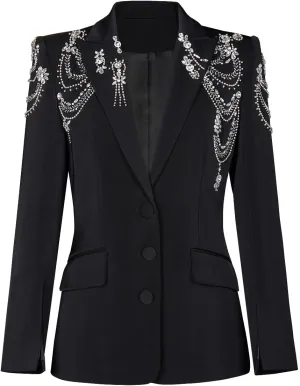 Fashion Women's Blazer Double-Breasted Crystal Nail Embellishments Evening Long Suit Jacket