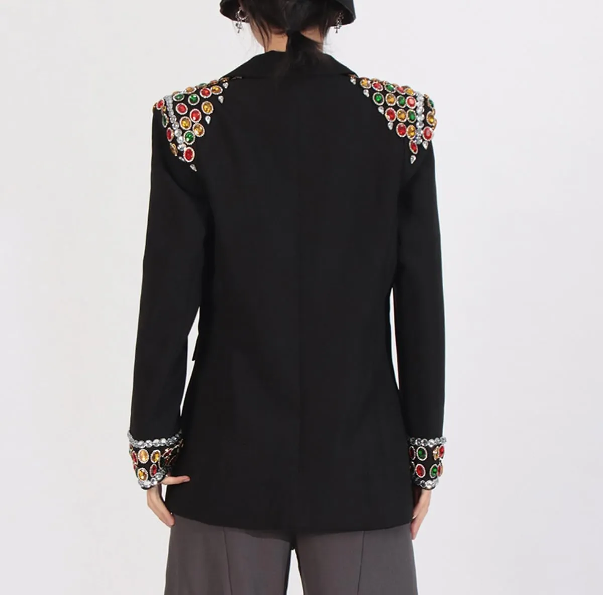 Fashion Women's Blazer Double-Breasted Crystal Nail Embellishments Evening Long Suit Jacket