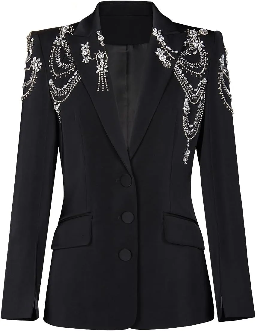 Fashion Women's Blazer Double-Breasted Crystal Nail Embellishments Evening Long Suit Jacket