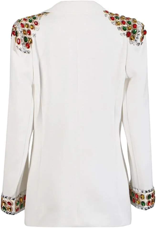 Fashion Women's Blazer Double-Breasted Crystal Nail Embellishments Evening Long Suit Jacket