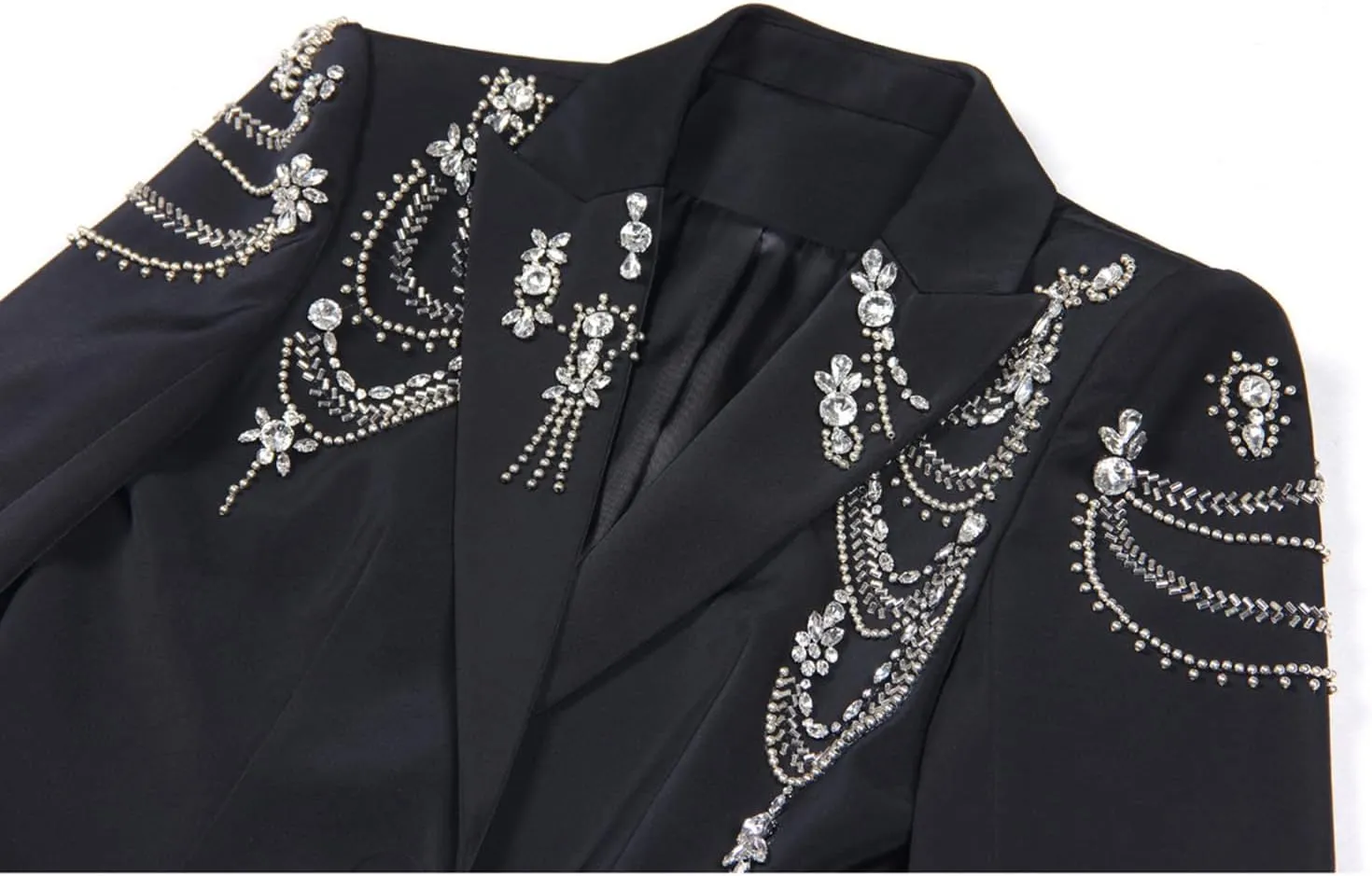Fashion Women's Blazer Double-Breasted Crystal Nail Embellishments Evening Long Suit Jacket