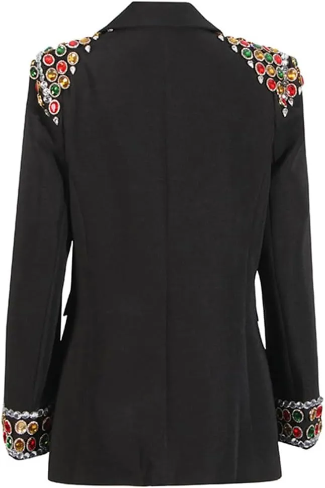 Fashion Women's Blazer Double-Breasted Crystal Nail Embellishments Evening Long Suit Jacket