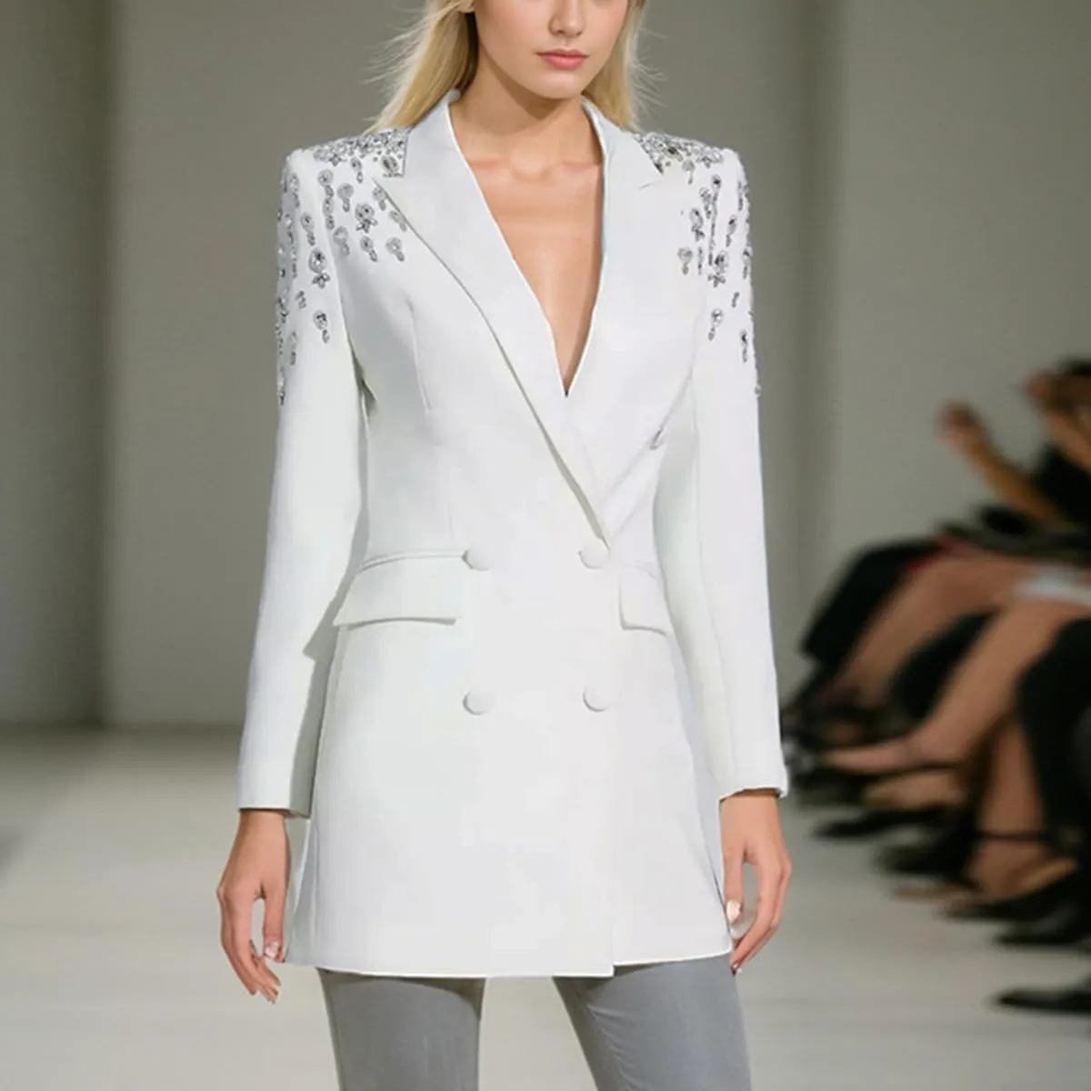 Fashion Women's Blazer Double-Breasted Crystal Nail Embellishments Evening Long Suit Jacket