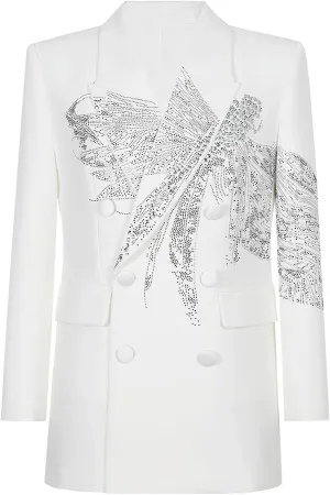Fashion Women's Blazer Double-Breasted Crystal Nail Embellishments Evening Long Suit Jacket
