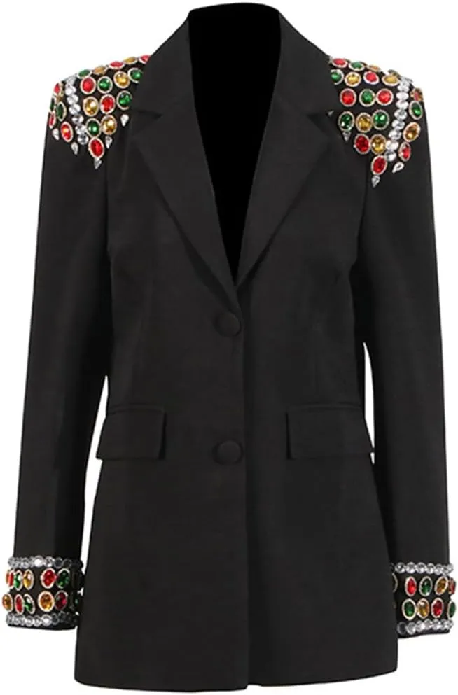 Fashion Women's Blazer Double-Breasted Crystal Nail Embellishments Evening Long Suit Jacket