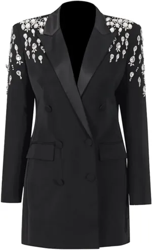 Fashion Women's Blazer Double-Breasted Crystal Nail Embellishments Evening Long Suit Jacket