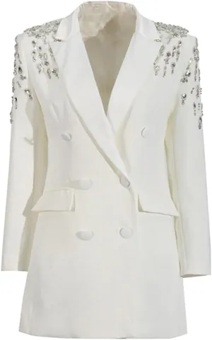 Fashion Women's Blazer Double-Breasted Crystal Nail Embellishments Evening Long Suit Jacket