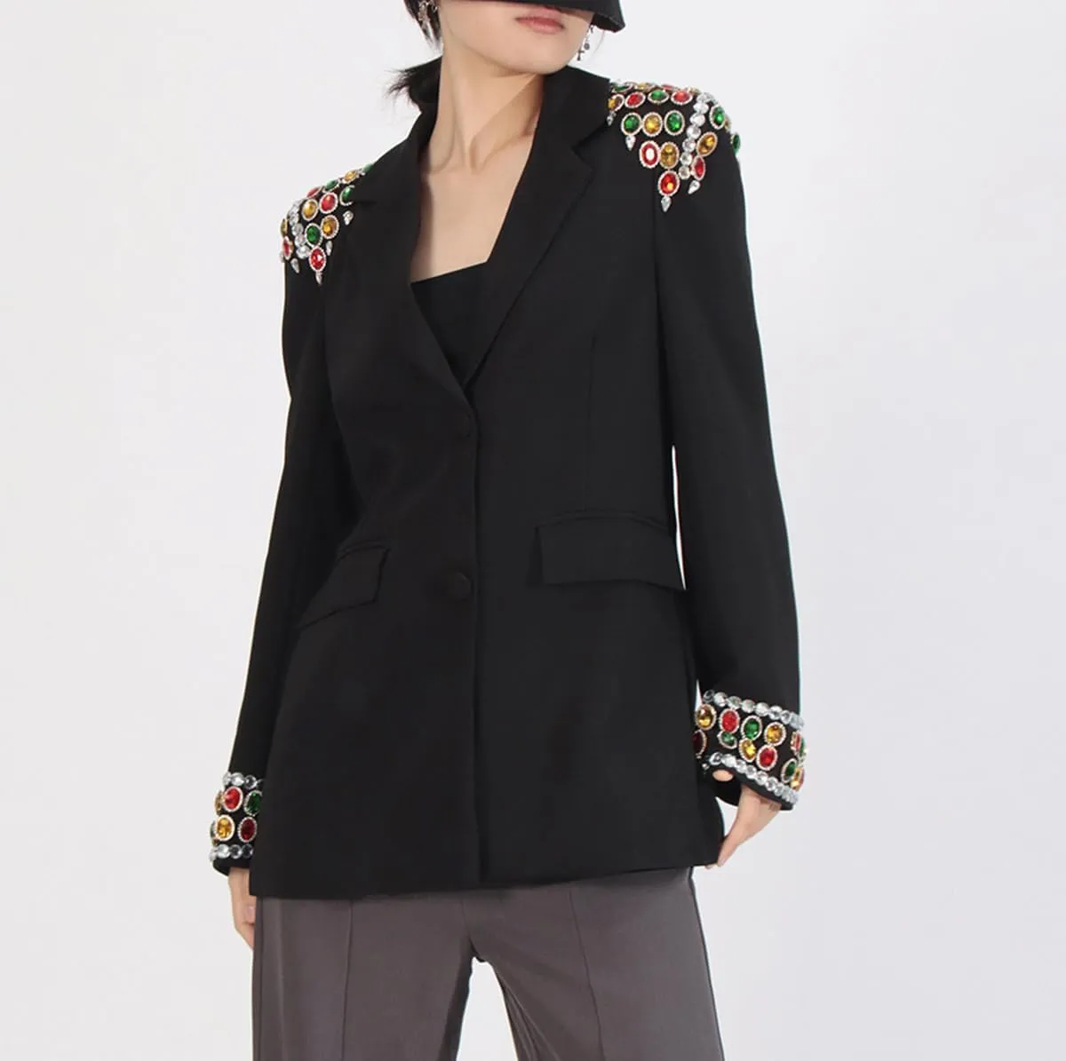 Fashion Women's Blazer Double-Breasted Crystal Nail Embellishments Evening Long Suit Jacket