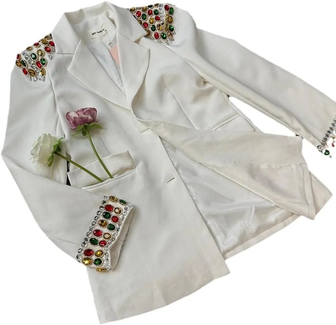 Fashion Women's Blazer Double-Breasted Crystal Nail Embellishments Evening Long Suit Jacket