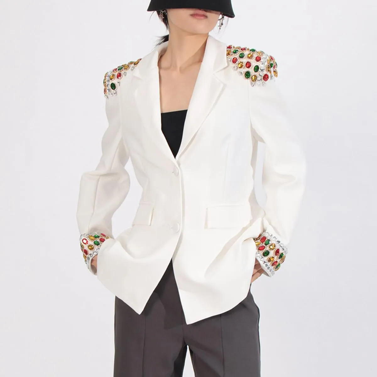 Fashion Women's Blazer Double-Breasted Crystal Nail Embellishments Evening Long Suit Jacket