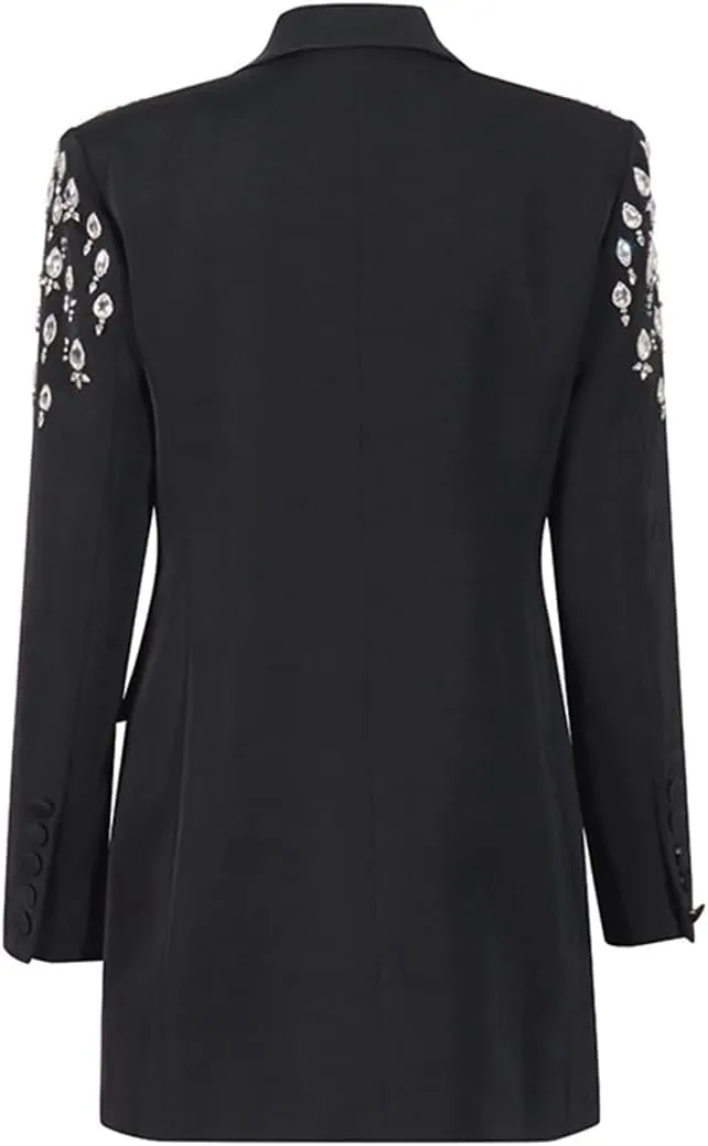 Fashion Women's Blazer Double-Breasted Crystal Nail Embellishments Evening Long Suit Jacket