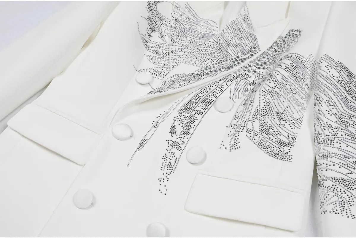 Fashion Women's Blazer Double-Breasted Crystal Nail Embellishments Evening Long Suit Jacket