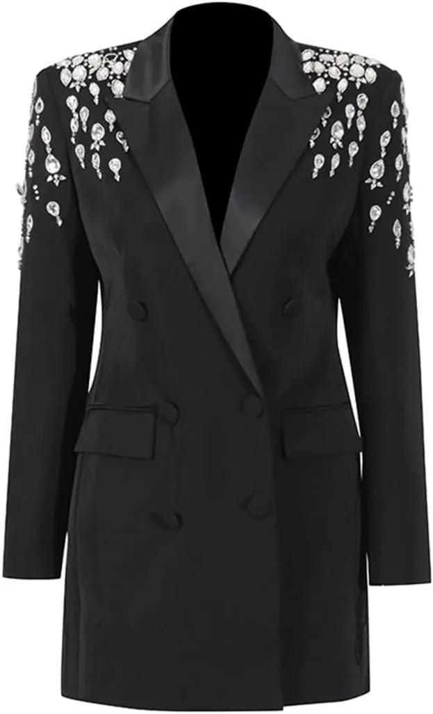 Fashion Women's Blazer Double-Breasted Crystal Nail Embellishments Evening Long Suit Jacket
