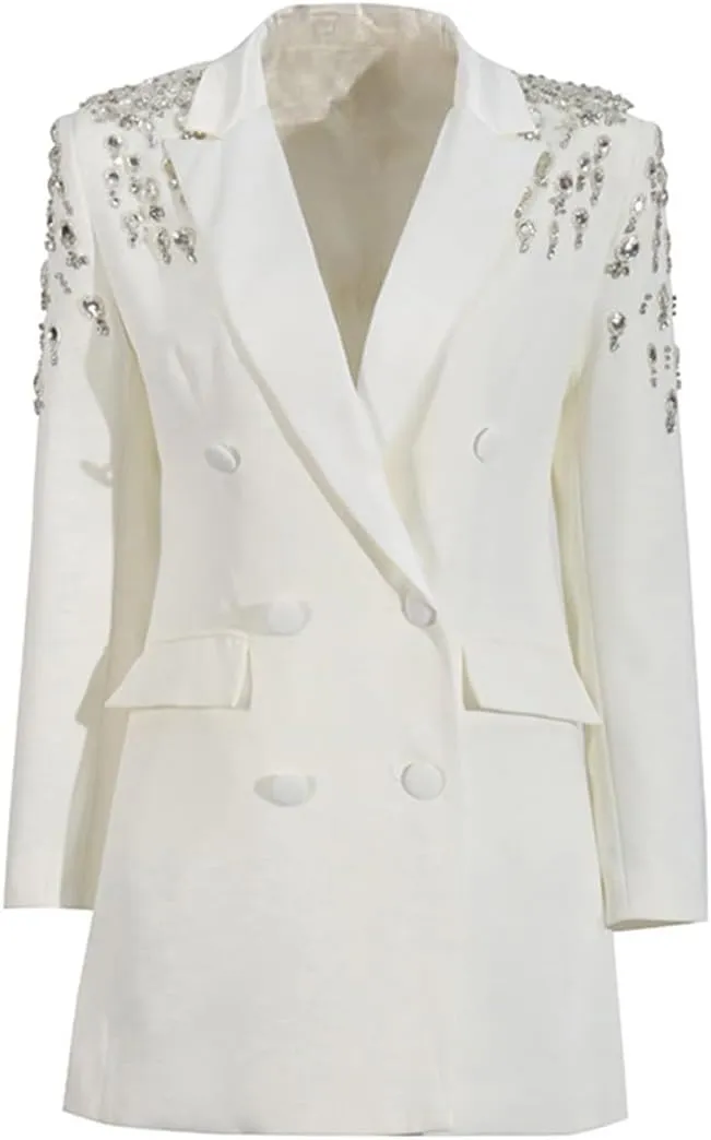 Fashion Women's Blazer Double-Breasted Crystal Nail Embellishments Evening Long Suit Jacket